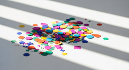Colorful confetti on a white background. Shallow depth of fieldの素材