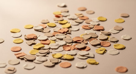 Colorful confetti scattered on a white background. Selective focus.の素材