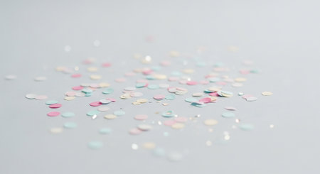 Colorful confetti on white background, shallow depth of field.の素材