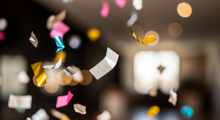Colorful confetti and ribbons flying in the air with bokeh backgroundの素材