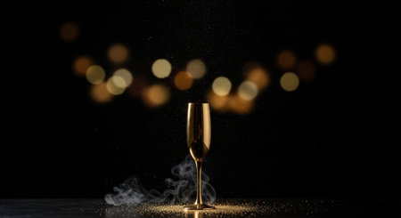 Champagne glass with golden bokeh on black background. Celebration conceptの素材