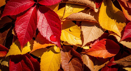 Autumn leaves background. Red, yellow and orange leaves of wild grapesの素材