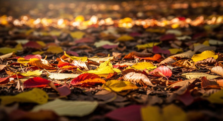 Fallen leaves on the ground in autumn season. Abstract background.の素材