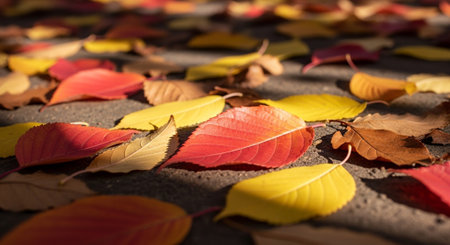 Autumn leaves on the ground. Autumn background. Selective focus.の素材