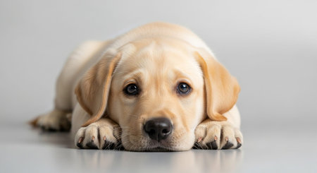 Labrador retriever puppy lying on the floor. Studio shot.の素材