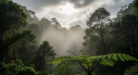 Rain falling in the rainforest of Bali island, Indonesia.の素材