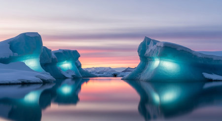 Icebergs in the ocean at sunset, reflected in the waterの素材