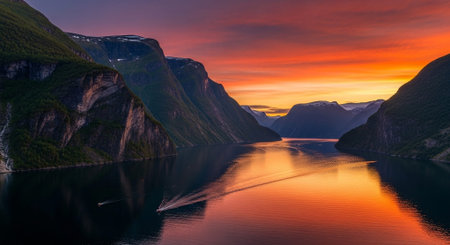 Geiranger fjord landscape at sunset, Norway Scandinaviaの素材