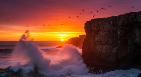 Sunset at the coast of Atlantic ocean, Peniche, Portugalの素材