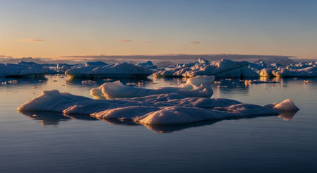 Beautiful winter landscape with ice floes in the sea at sunsetの素材