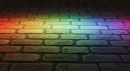 Colorful brick wall with rainbow light. Abstract background and texture.の素材