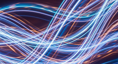 Abstract blue light lines on a black background. 3d rendering, 3d illustration.の素材