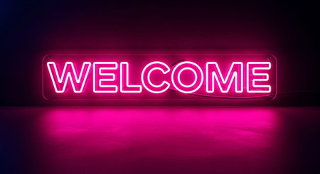 Neon welcome sign on a dark background. 3D rendering.の素材