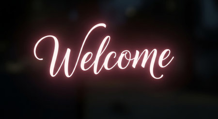 Welcome neon sign on black background. Glowing neon signboard with word welcome.の素材
