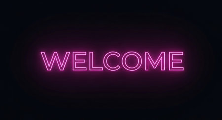 Neon sign with the word Welcome. 3D rendering. Neon light backgroundの素材