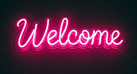 Neon sign Welcome on the wall. Neon signboard welcome.の素材