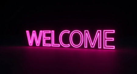 Neon welcome sign. 3D rendering. Neon sign in dark room.の素材