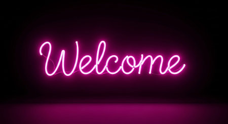Neon welcome text on black background. 3D rendering. Neon lights.の素材