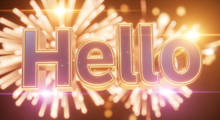 Hello word written with golden letters over fireworks background. 3D renderingの素材