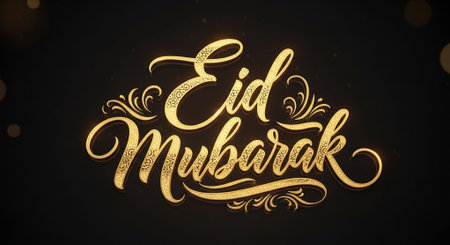 Eid mubarak calligraphy hand lettering gold text on black backgroundの素材