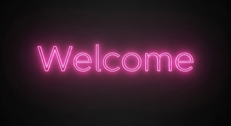 Neon welcome sign on black background. 3D rendering illustration.の素材