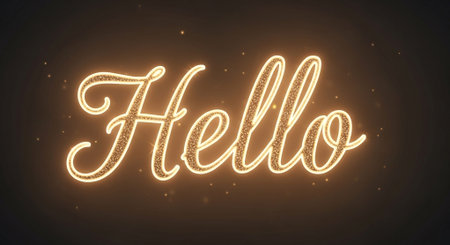 Hello lettering. Handwritten text with golden lights. Vector illustration.の素材