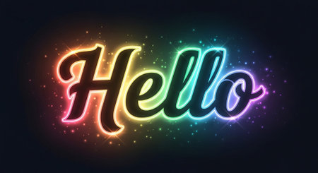 Hello. Neon lettering on a dark background. Vector illustration.の素材