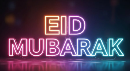 3D rendering of an illuminated neon sign with the word Eid Mubarakの素材