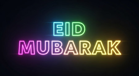 Eid Mubarak neon sign. 3D rendering. Neon lamp.の素材
