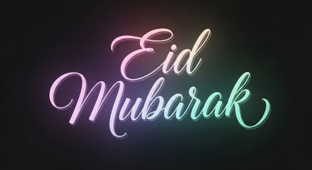 Eid Mubarak calligraphic lettering in neon light on dark backgroundの素材