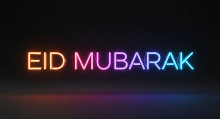 3d rendering of neon eid mubarak text in black backgroundの素材