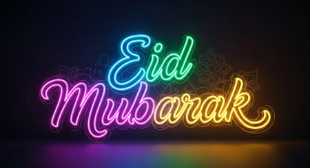 Neon sign with the word Eid Mubarak in Arabic, vector illustrationの素材