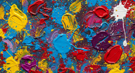 Colorful oil paint splashes on a wooden board as a backgroundの素材