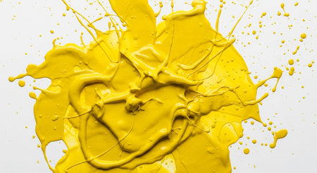 Yellow paint splashes isolated on white background. Top view. Flat lay.の素材
