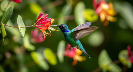 Female Ruby-throated Sunbird hovering next to a blooming honeysuckleの素材