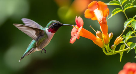Ruby-throated Hummingbird (archilochus colubris) in flight with a beautiful orange flower in the backgroundの素材