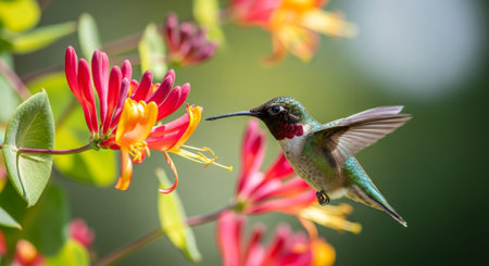 Female Ruby-throated Hummingbird (archilochus colubris) in flight with beautiful flowers in the backgroundの素材