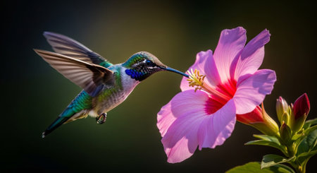 Ruby-throated Hummingbird (archilochus colubris) flying next to a pink hibiscus flowerの素材