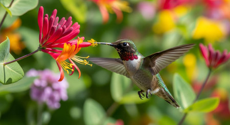 Ruby-throated Hummingbird (archilochus colubris) in flight with flower in backgroundの素材
