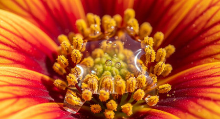 Close up of a red and yellow flower with water droplets.の素材