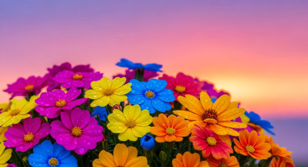 Colorful daisy flowers on sunset sky background with copy space.の素材