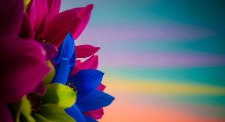 Close up of colorful flower bouquet on colorful background with copy spaceの素材