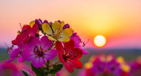 Flowers in the field at sunset. Beautiful nature scene with flowers.の素材