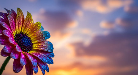 Beautiful gerbera flower with water drops on sunset sky backgroundの素材
