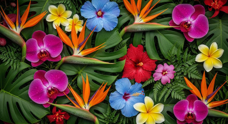 Colorful flowers background. Top view of tropical flowers and plants.の素材