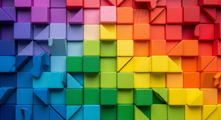 Colorful wooden building blocks as a background, closeup of photoの素材