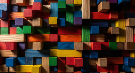 Colorful wooden building blocks as a background. Top view. Copy space.の素材