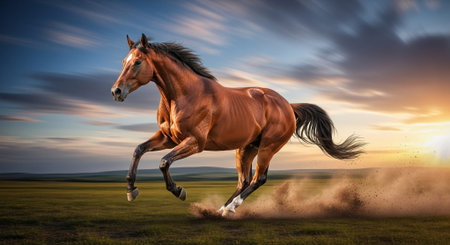 Horse galloping in the field at sunset. 3D renderingの素材