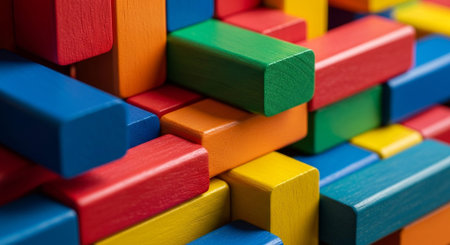 Colorful wooden building blocks. Close-up of building blocks.の素材