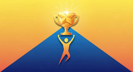 Winner holding a golden cup on a blue background. Vector illustration.の素材